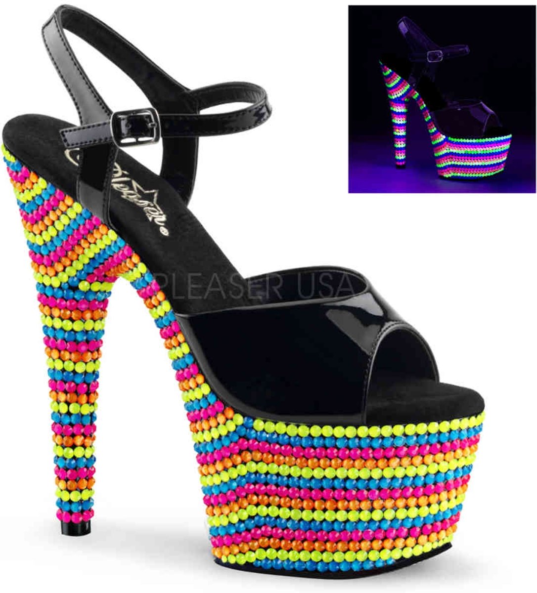 EU 36 = US 6 | ADORE-709RBS | *7 Heel, 2 3/4 PF Ankle Strap Sandal, Neon UV Reactive